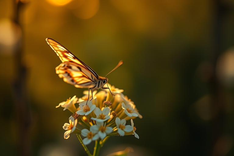 Capture a close-up of a butterfly resting on delicate white flowers, shallow depth of field, soft focus background, golden hour lighting, aperture f/2.8, shutter speed 1/250s, ISO 200, macro lens, DSLR camera.