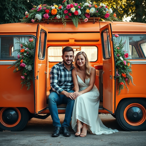 Couple sitting in the doorway of a vintage orange van adorned with flowers, soft natural lighting, focus on their expressions, aperture f/2.8, ISO 200, shutter speed 1/200s, 35mm lens, portrait photography style.