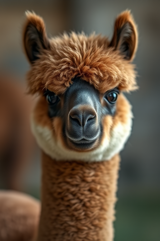 portrait of a fluffy alpaca in a soft-focus background, 50mm lens, f/2.8 aperture, ISO 100, natural light, shallow depth of field, DSLR camera