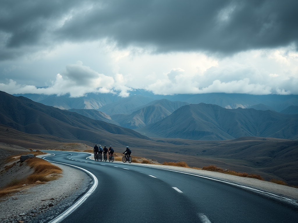 Capture a high-resolution image of a winding road through barren mountains with a group of cyclists stopped on the roadside, using a DSLR camera with a 24mm lens, f/8 aperture, ISO 100, and a shallow depth of field, taken from a low angle to emphasize the terrain and dramatic clouds overhead.