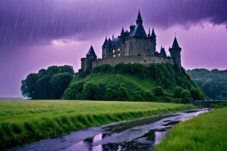 grey castle in the rain under a violet sky