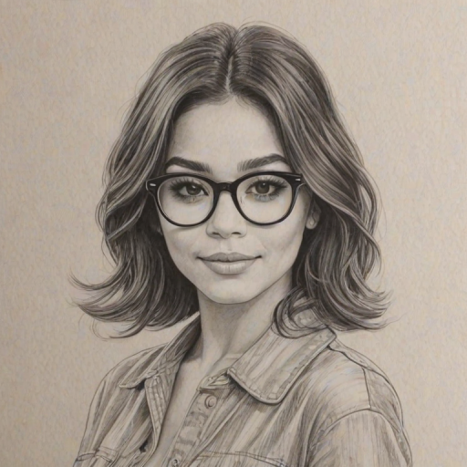 Delightful Vanessa Hudgens, pencil sketch, portrait of Radiant woman 1960s in glasses, hair style beatnik, outline, clear lines, fine lines, 8k