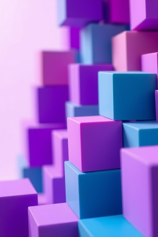 Create an abstract image of colorful 3D cubes in various shades of purple and teal with a soft focus background, using a DSLR camera with a 50mm lens, aperture f/2.8, ISO 100, at a 45-degree angle view to enhance depth and clarity.