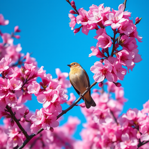 regenerate an image of a bird perched on a cherry blossom tree with pink flowers in full bloom against a clear blue sky, camera settings: f/2.8 aperture, 1/500 sec shutter speed, ISO 100, camera view: close-up, camera style: vibrant colors, camera type: DSLR
