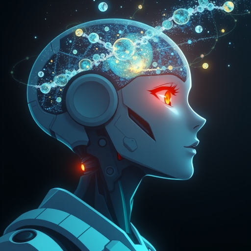 Anime screencap featuring a Minimalist and abstract side profile of a robot woman with a universe sprouting from her mind as she opens her eyes and attains consciousness for the first time in the dark. She has beautiful and intelligent bright orange eyes brimming with knowledge and benevolence. Mostly in hues of blue and green
