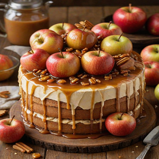 Create an image of a layered cake topped with caramel drizzles and pieces of caramelized apples. The cake should have a golden brown color with visible layers of cream in between. Place the cake on a wooden cake stand, surrounded by fresh apples and a rustic background. Ensure the overall look is inviting and delicious.