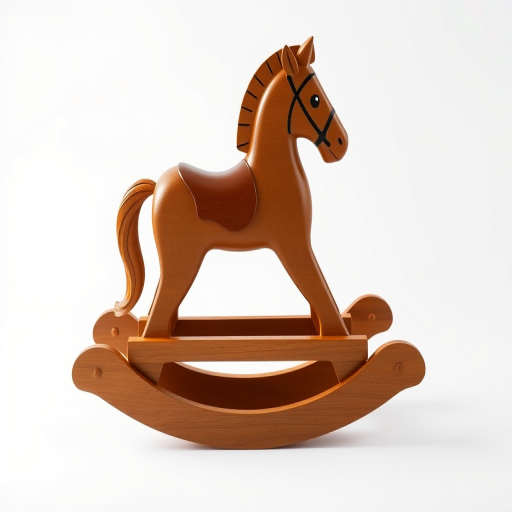 Create a digital illustration of a wooden rocking horse with a glossy finish, positioned on a clean white background, using a Canon EOS 5D Mark IV with a 50mm f/1.8 lens, aperture set to f/2.8, shutter speed at 1/200s, and ISO 100, with a soft focus effect to enhance depth and detail.