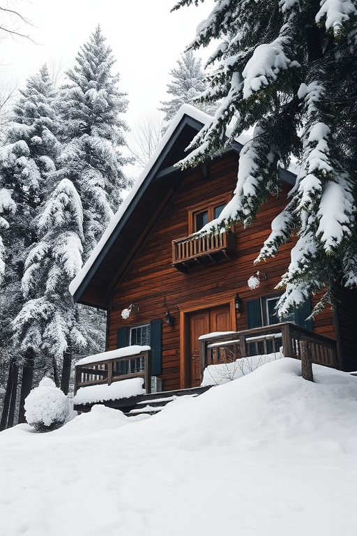 A cozy wooden house surrounded by snow-covered trees, taken from a low angle, with a wide aperture of f/2.8, a shutter speed of 1/250 sec, ISO 100, using a full-frame DSLR camera, in monochrome, to enhance depth and contrast.