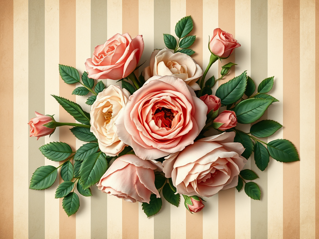 Create a vintage floral wallpaper design featuring lush roses and greenery on a faded striped background, use a Canon EOS 5D Mark IV, aperture f/2.8, ISO 100, 50mm lens, soft focus style for a gentle aesthetic.