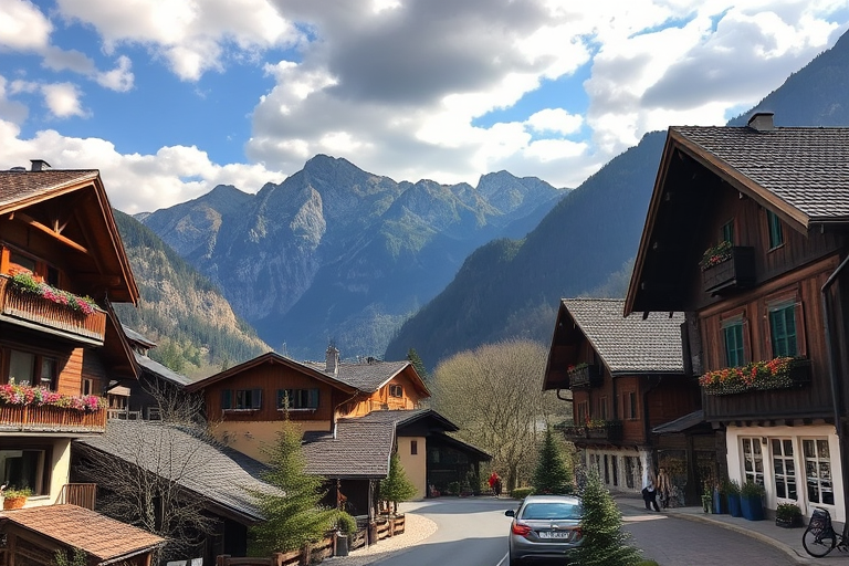 capture a picturesque view of a Swiss village with traditional wooden chalets and a dramatic mountain backdrop under a partly cloudy sky, use a DSLR camera with a 24mm lens, aperture set to f/8, ISO 100, and a shutter speed of 1/125 second, focus on enhancing the colors and details in the architecture and landscape.