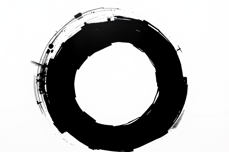 Create an abstract black circle on a white background, using a high-resolution DSLR camera with a 50mm lens, aperture set to f/1.8, ISO 100, shooting from a centered perspective for sharp detail and vibrant contrast.