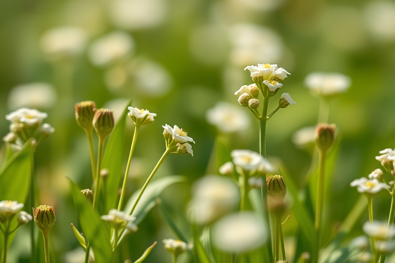 macro shot of green plants with white flowers in soft focus background, aperture f/2.8, shutter speed 1/200s, ISO 100, 50mm lens, taken with a DSLR camera in natural light