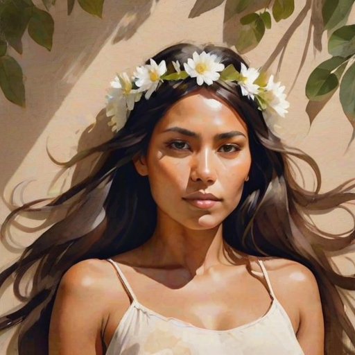 create a watercolor painting of an ethereal portrait of beautiful Native American woman with a simple white flower crown on her head. Her hair is long and she is lying on the ground. The sunlight on the trees casts shadows from the leaves on her face and body. The background is a neutral brown color that matches her skin tone. The image is minimalist and solid colors. This style is characterized by soft, delicate brushstrokes and a light, airy, contrasting color palette. High level of detail and play of light