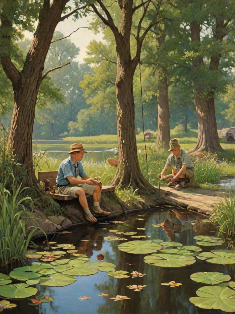 Imagine a small group of old fashioned young boys out fishing by the creek, a swing hanging from a tree branch, reeds and grasses by the water's edge, a frog sitting on a lily pad, dragonflies hovering over som water plans, a very iconic old fashioned scene reminiscent of a Norman Rockwell painting style