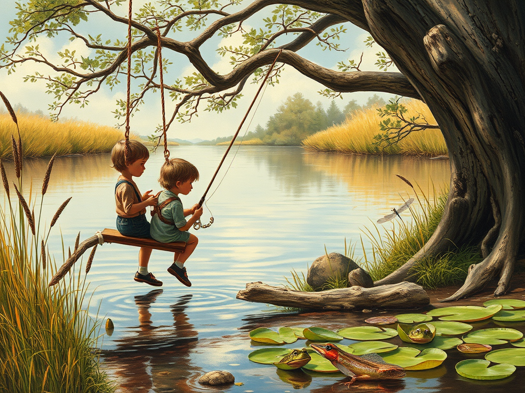 Imagine a small group of old fashioned young boys out fishing by the creek, a swing hanging from a tree branch, reeds and grasses by the water's edge, a frog sitting on a lily pad, dragonflies hovering over som water plans, a very iconic old fashioned scene reminiscent of a Norman Rockwell painting style