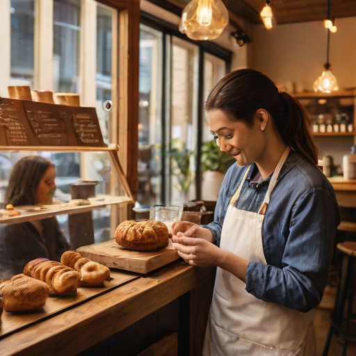Quaint cafescene, with a barista skillfully pouring latte art, customers chatting at rustic wooden tables, and pastries displayed in a glass case, all bathed in warm, golden light.