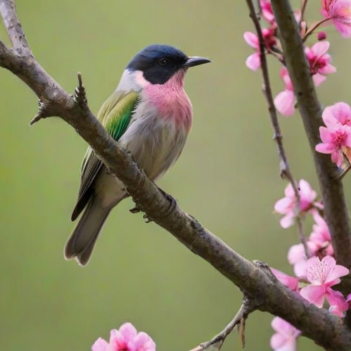 a bird perched on a branch with blooming pink flowers and green leaves