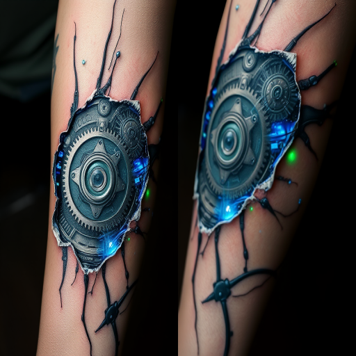 Realistic 3D biomechanical tattoo, "Cybernetic Fusion," blending hyper-realistic skin tears revealing metallic gears, wires, and circuitry underneath, with subtle color accents in electric blue and neon green, creating an illusion of depth and dimension on the forearm or leg