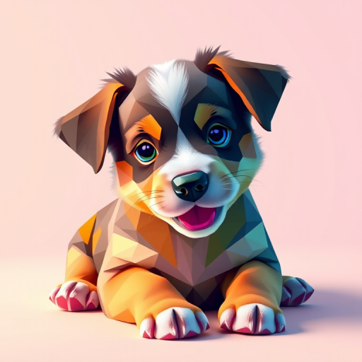 Create a vibrant low-poly illustration of a playful puppy with a colorful geometric design, shot with a Canon EOS R5 at f/8, ISO 100, 50mm lens, using a flat lay perspective to enhance the details and colors.