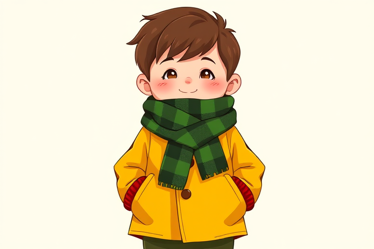 Generate an illustration of a cartoon boy standing with his hands in his pockets, wearing a yellow coat, a green and black checkered scarf, and red mittens, using a 50mm lens, f/2.8 aperture, bright natural lighting, and a wide-angle view for enhanced detail and color vibrancy.