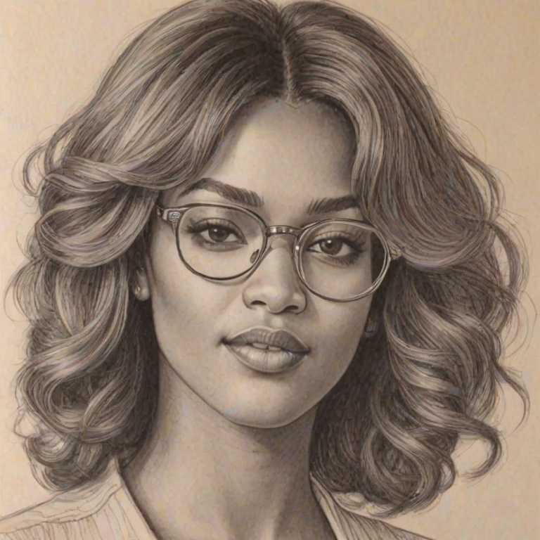 Beauteous Drew Sidora, pencil sketch, portrait of Appealing woman 1978s in glasses, hair style beatnik, outline, clear lines, fine lines, 8k