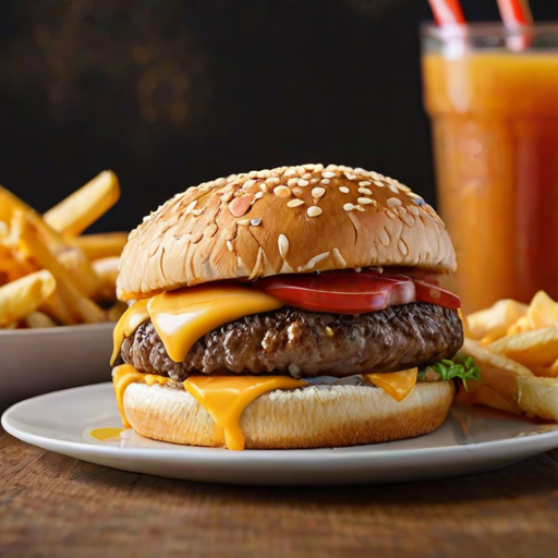 High-resolution, close-up image of a gourmet double cheeseburger. The burger features a glossy, sesame-seed-topped brioche bun. Inside, there are two thick, juicy beef patties, each topped with melted cheddar cheese. The burger is garnished with fresh lettuce, tomato slices, diced onions, and pickles. A generous amount of ketchup and a creamy, orange-colored sauce is dripping down the sides, adding to the mouth-watering appeal. In the background, there are blurred elements including a side of golden French fries and a hint of a beverage, enhancing the overall presentation of a delicious meal.