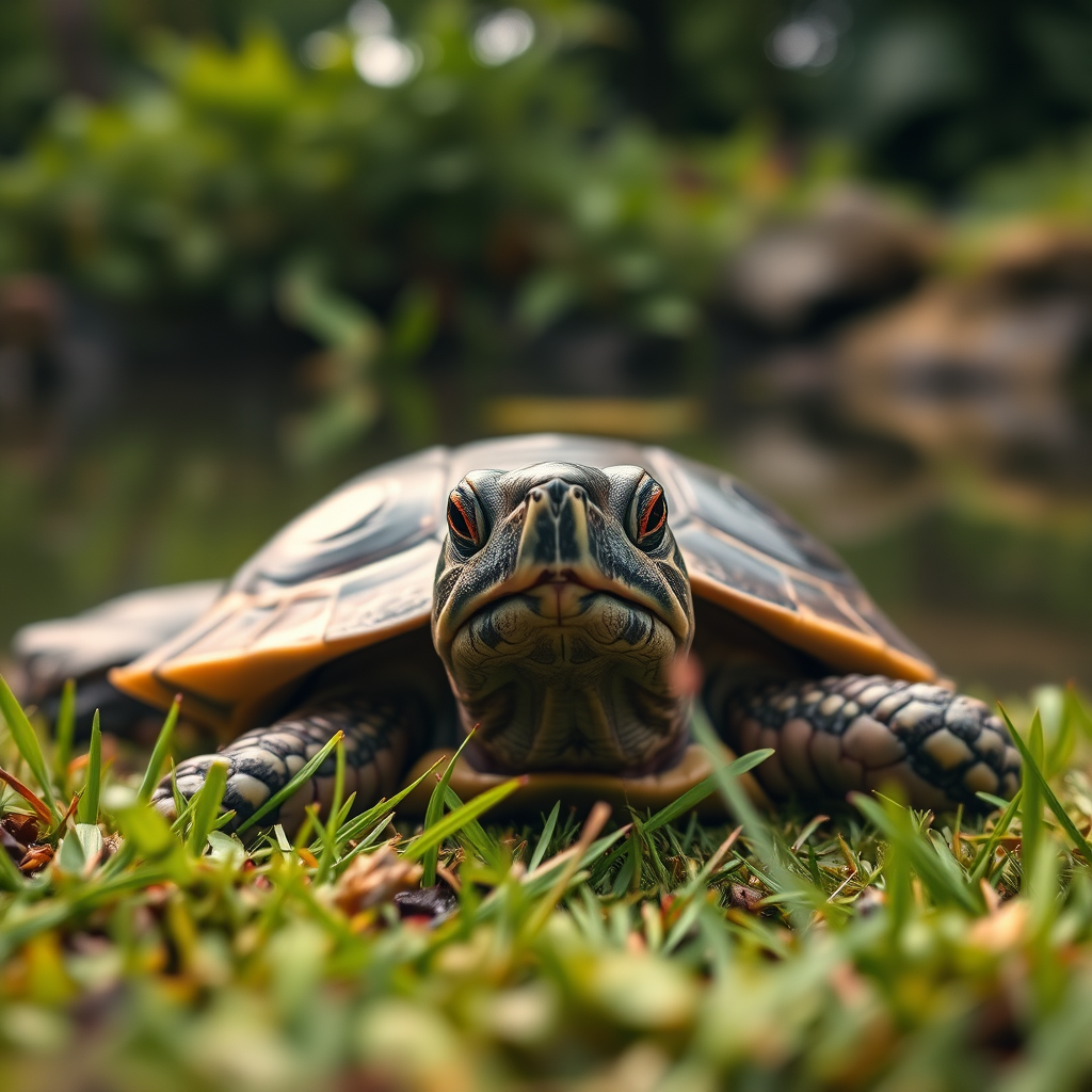 Close-up shot of a turtle near a pond with lush greenery around it, shallow depth of field, warm soft lighting, ISO 100, f/2.8 aperture, 50mm lens, DSLR camera with macro settings.