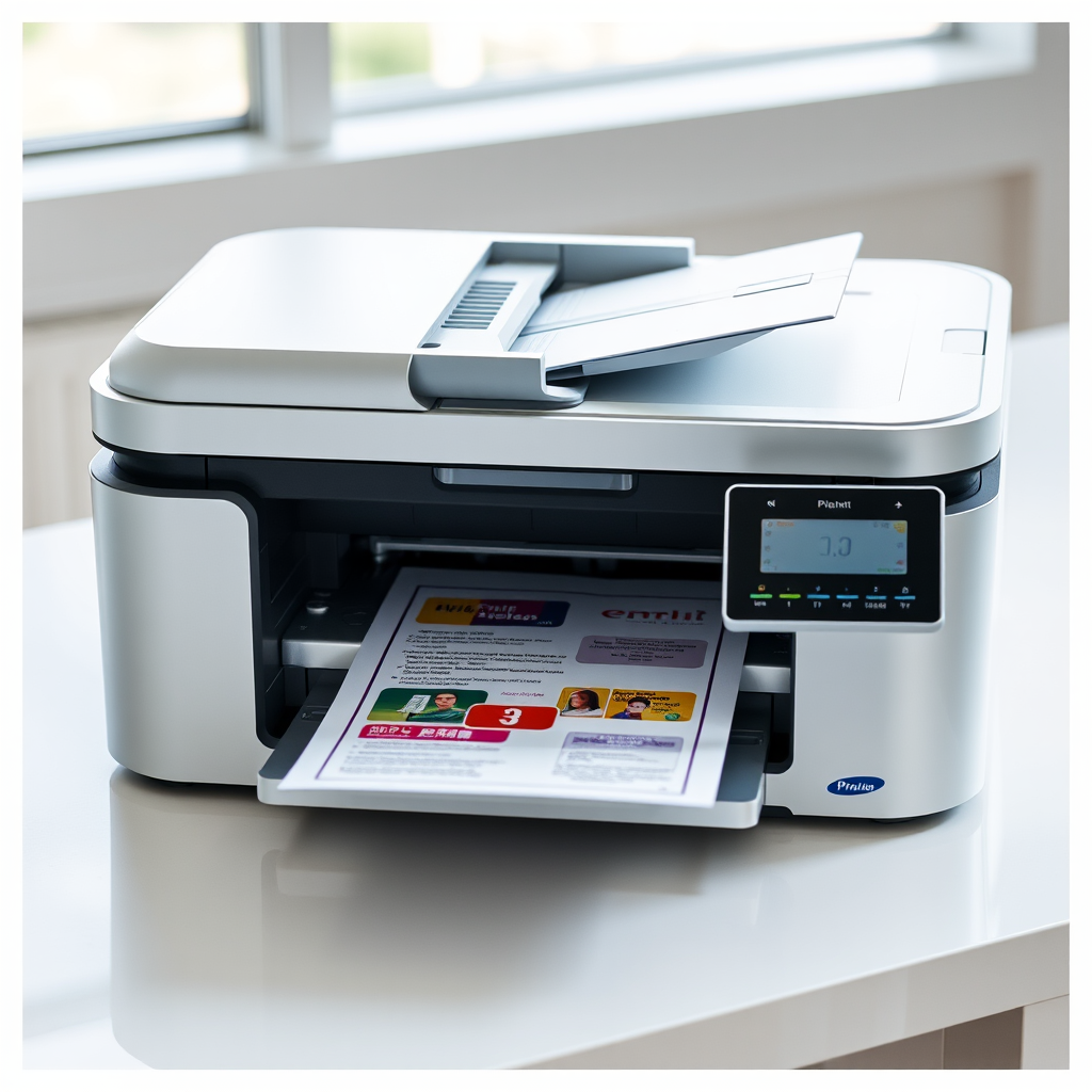 Create a high-resolution image of a modern printer with a sleek design, printing a colorful document, soft natural lighting, taken with a DSLR camera at 50mm focal length, aperture f/2.8, ISO 100, and a slight overhead angle to enhance depth and detail.