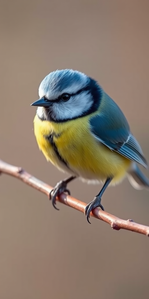 A close-up shot of a blue tit perched on a branch, captured with a Canon EOS 90D, 300mm lens, f/4 aperture, ISO 400, 1/1000 sec shutter speed, natural light, shallow depth of field for a blurred background.