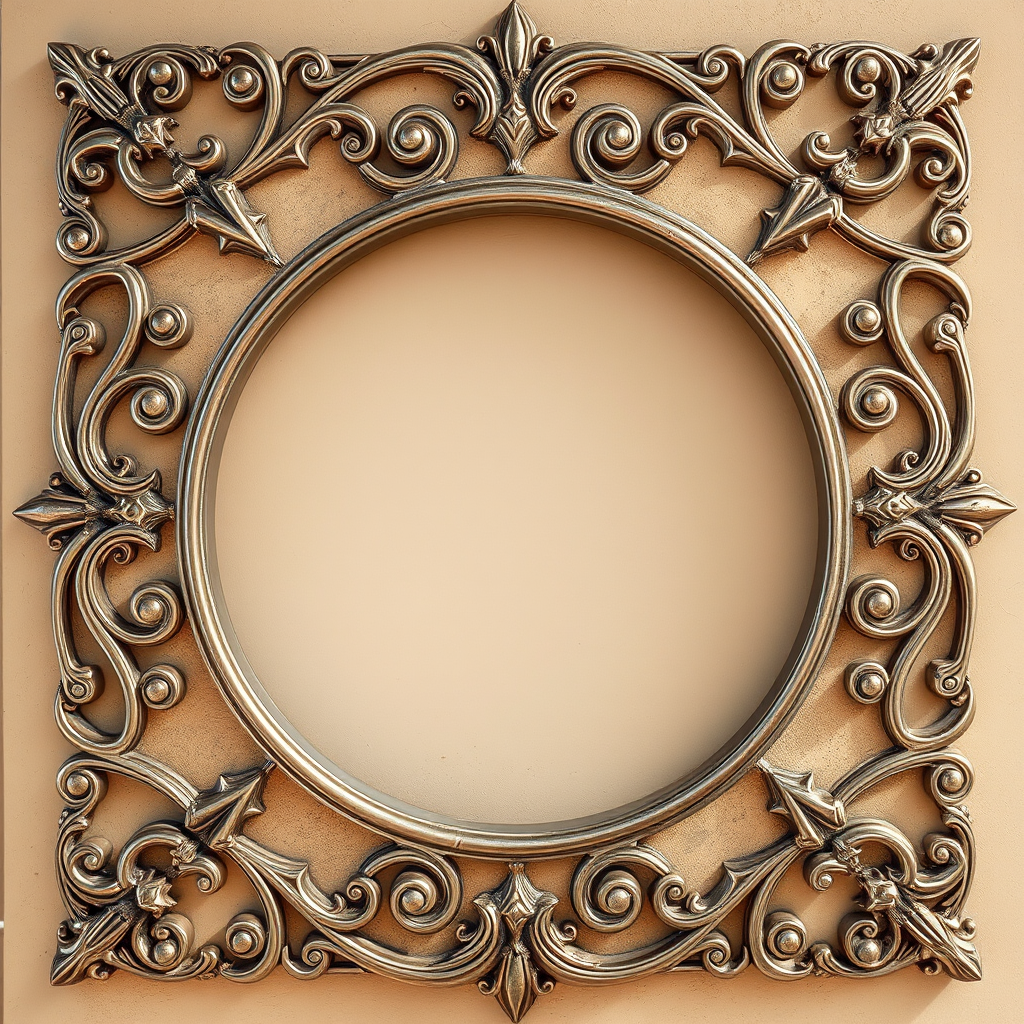 Create a high-resolution image of an ornate metallic corner frame with intricate swirling designs, captured with a Canon EOS R5, 50mm lens, f/1.8 aperture, ISO 100, in soft natural light.