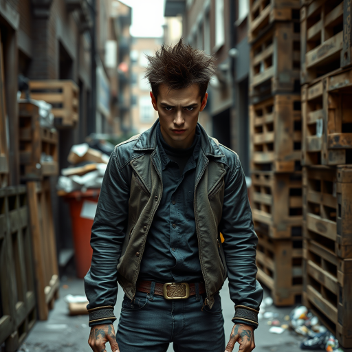 generate an ultra-realistic, highly detailed photograph of a punk. he's standing still, looking menacingly at the camera. he's in a narrow, dirty London street. there are wooden crates stacked up. overflowing rubbish bins, rubbish on the ground.