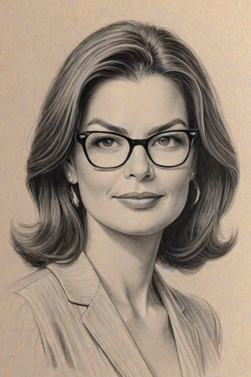 Delightful Sela Ward, pencil sketch, portrait of Radiant woman 1953s in glasses, hair style beatnik, outline, clear lines, fine lines, 8k