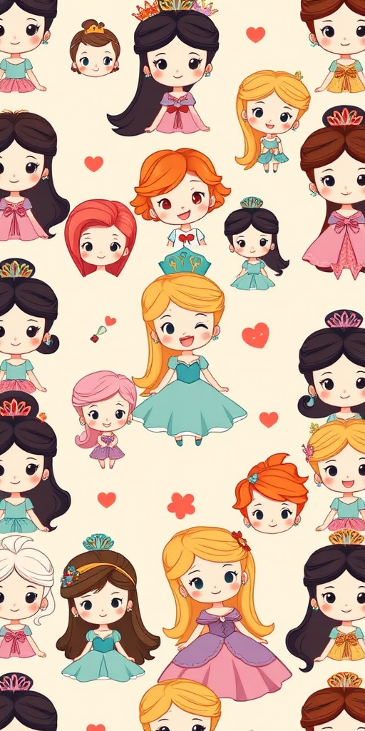 Create a cute and colorful illustration of various cartoon princesses with big heads and small bodies arranged in a playful pattern on a light beige background. Include characters with different hairstyles and outfits, showing a variety of expressions. Make sure the style is whimsical and appealing, capturing a fun and cheerful atmosphere.