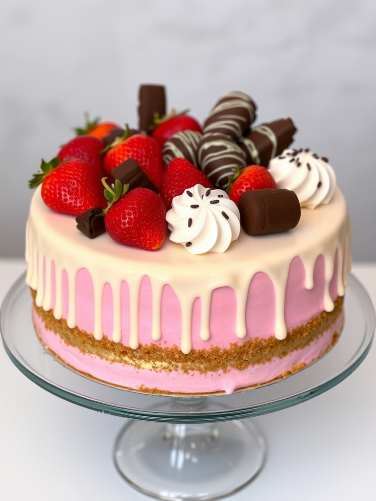 A beautifully decorated cake with pink frosting and a white chocolate drip, topped with assorted strawberries and chocolate-covered treats, displayed on a glass cake stand with a soft blurred background.