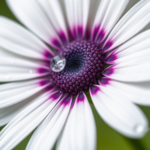 Close-up shot of a white daisy flower with purple center and dew drops, using a macro lens at f/2.8, 1/250 sec shutter speed, ISO 100, natural lighting, DSLR camera.