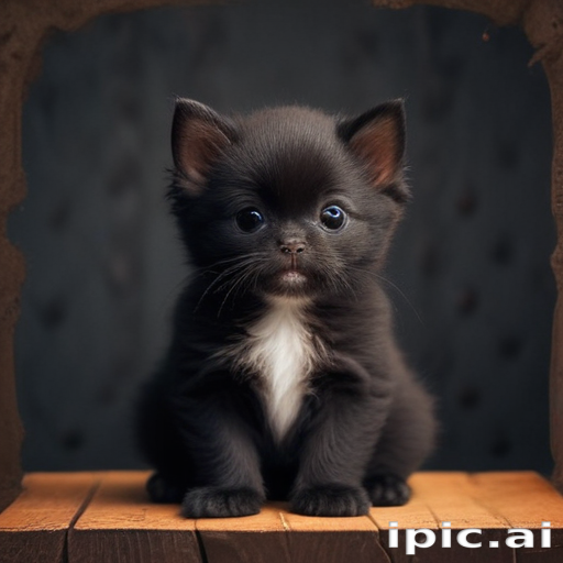 A Cute Black Kitten with Bright Eyes Sitting on a Wooden Surface