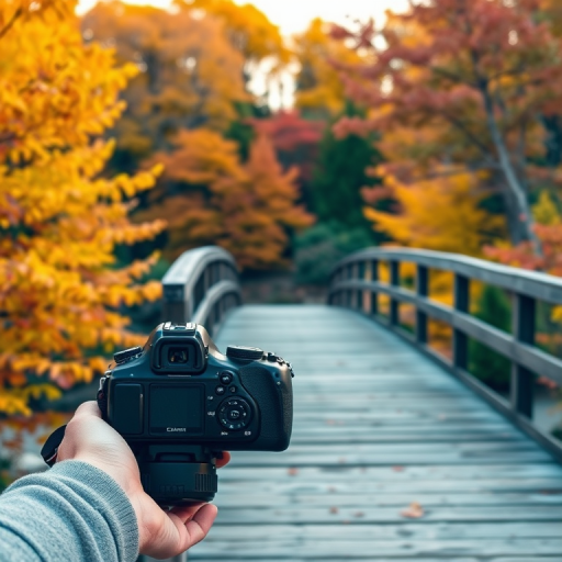 Capture a scenic view of a wooden bridge surrounded by vibrant autumn foliage, using a DSLR camera with a 50mm lens, aperture set to f/2.8 for shallow depth of field, ISO 200 for optimal clarity, shooting in landscape orientation during golden hour for warm light and enhanced colors.