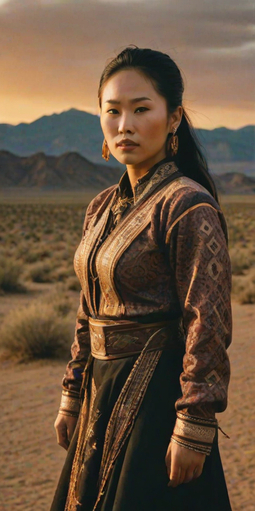 Dramatic photo of a beautiful Hmong woman, classic cowboy attire, confident and free spirit expression, half-length portrait, centered, golden hour desert landscape, warm, diffused light, low angle, medium format film camera, in style of Annie Leibovitz.