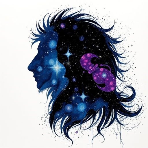 Captivating conceptual render alcohol ink art, double exposure, the paint strokes artfully merge combining a woman's full silhouette with a Joyous jellybean (fish)'s silhouette. The figures are composed of a series of colored dots, lines & spots that evoke the image of a cosmic galaxy, colors are deep shades of blue purple & black with flashes of white & silver representing distant stars. The woman's silhouette is formed within the lion's silhouette from constellations of scattered stars, surreal