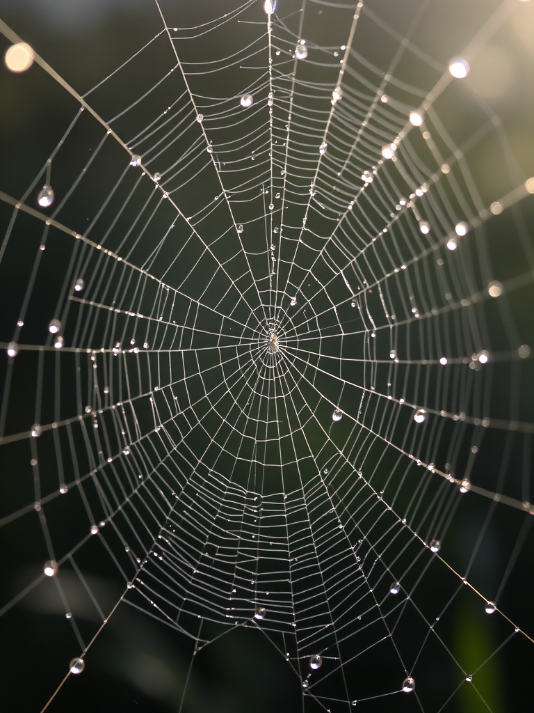 Capture a high-resolution image of a spider web glistening with dew in soft natural light from a low angle, using a DSLR camera set to aperture f/2.8, shutter speed 1/100s, ISO 200, with a macro lens for fine detail and a shallow depth of field to blur the background.