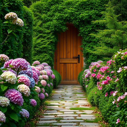 pathway lined with blooming hydrangeas and azaleas leading to a wooden door framed by lush greenery, photographed with a DSLR camera at f/5.6, ISO 200, 24mm lens, natural light, landscape orientation