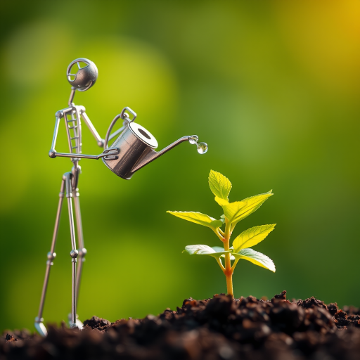 A metal figurine of a person, constructed from thin, silver rods, stands on the left side of the image, facing the viewer. The figurine is holding a small watering can and pouring water onto a young plant, with a few droplets in the air. The plant, with lush green leaves, is situated in the center, growing from dark soil. The background is a soft, out-of-focus blur of green, illuminated by warm, natural light.  The composition creates a sense of depth and intimacy. The image evokes feelings of growth, nurture, and hope.