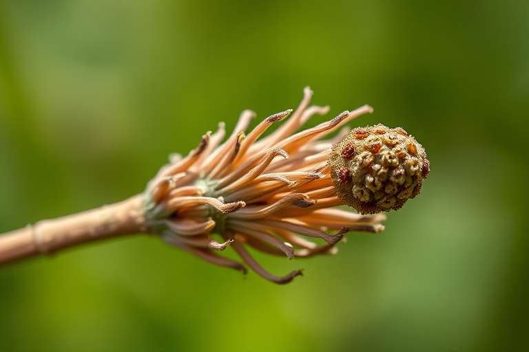 Close-up of a dried flower stem with intricate details and textures, natural light, aperture f/2.8, ISO 200, focal length 100mm, shot with a macro lens, shallow depth of field, blurred green background for contrast.