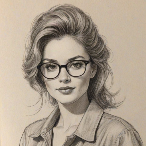 Splendid Ashley Marie, pencil sketch, portrait of Superb woman 1980s in glasses, hair style beatnik, outline, clear lines, fine lines, 8k