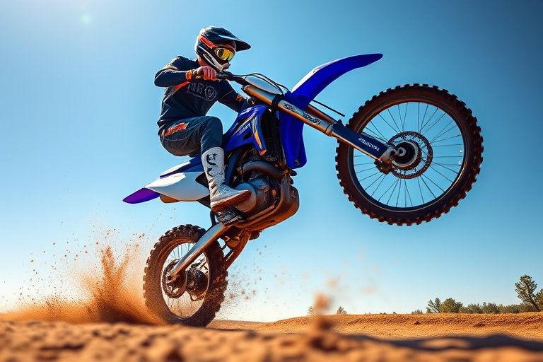 Create a high-resolution illustration of a motocross rider performing a jump on a blue dirt bike, captured with a DSLR camera at f/5.6 aperture, 1/1000 shutter speed, ISO 400, taken from a low-angle perspective for dynamic effect.