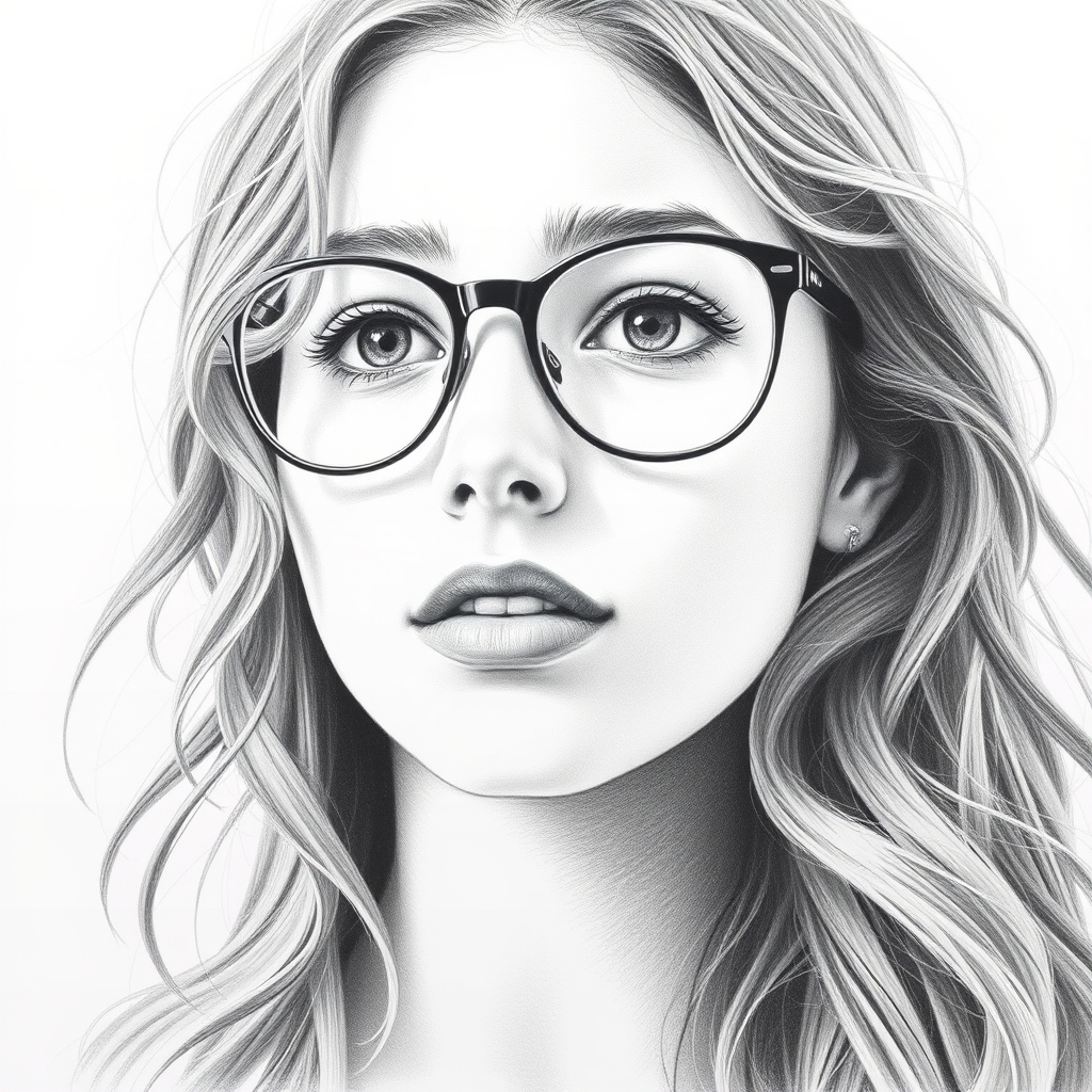 Create a stunning and detailed pencil drawing of a young woman with wavy hair and glasses, capturing her captivating expression and delicate features.