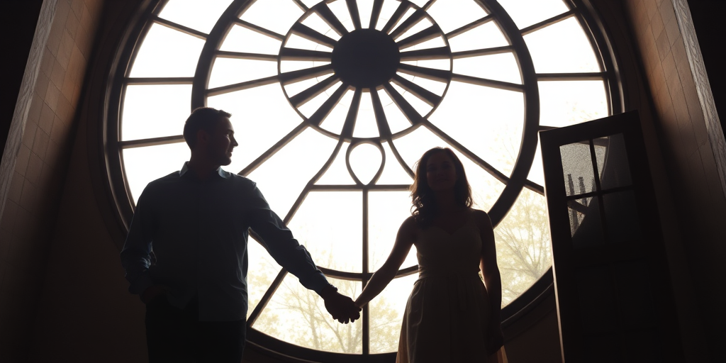 silhouette of a couple holding hands in front of a large circular window with a rustic fan design, soft natural light filtering through, low-angle shot, ISO 100, f/2.8, shutter speed 1/200s, DSLR camera, portrait mode, high dynamic range for enhanced contrast