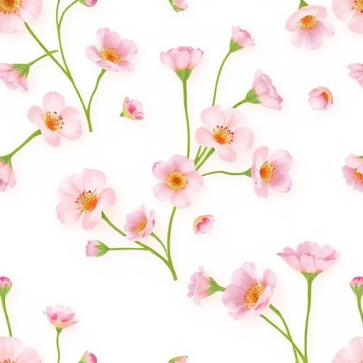 Create a seamless pattern featuring delicate pink flowers with green stems on a white background. The flowers should vary in size and orientation for a natural look.
