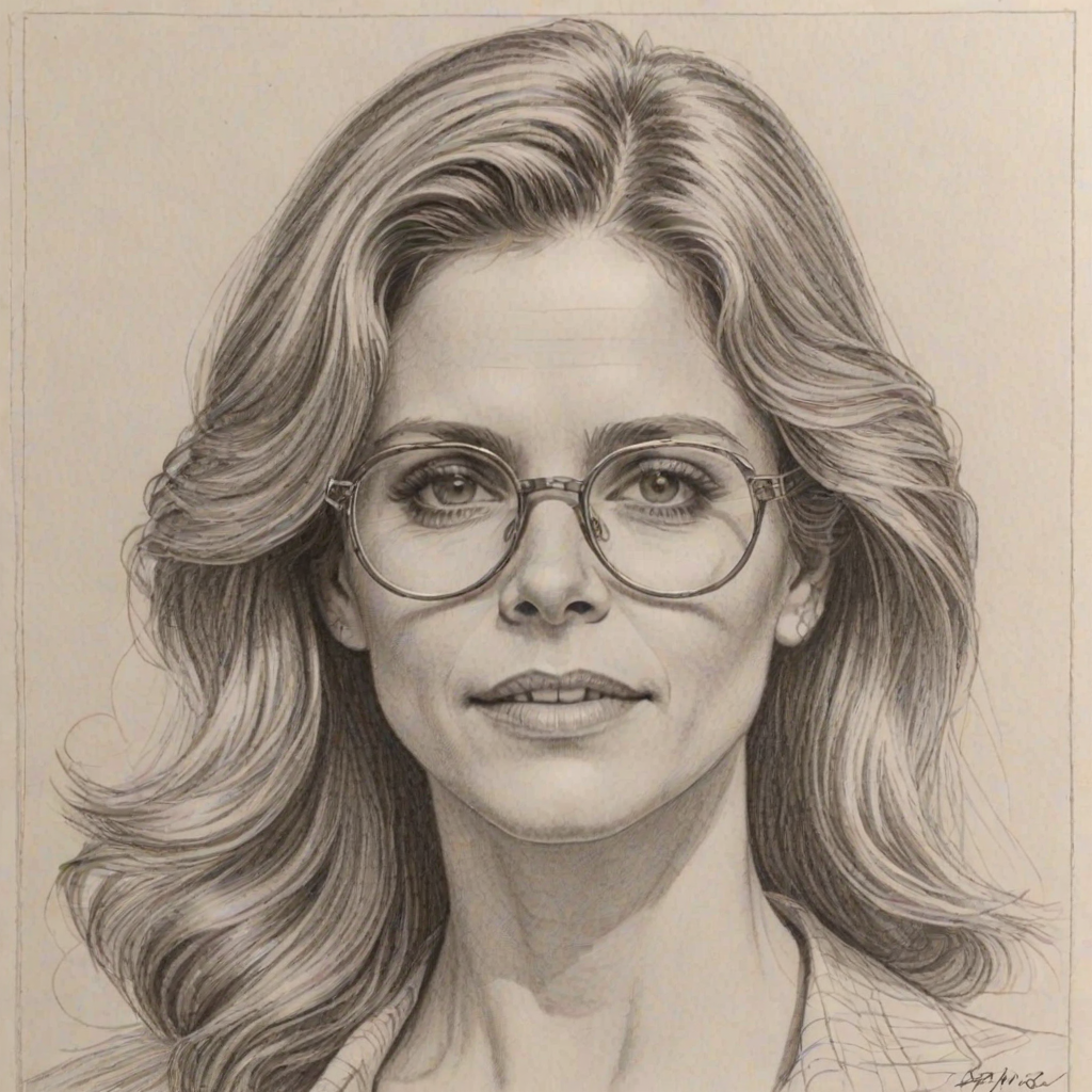 Fascinating Lindsay Wagner, pencil sketch, portrait of Ravishing woman 1976s in glasses, hair style beatnik, outline, clear lines, fine lines, 8k