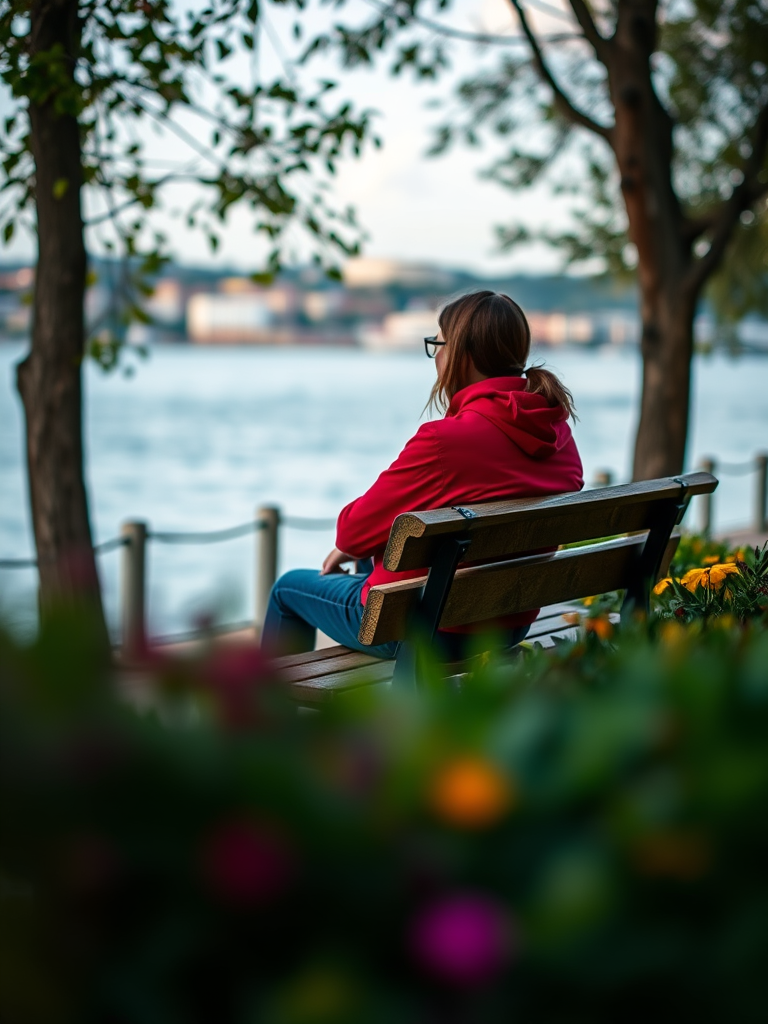 captured from a low angle with a Canon EOS R, 50mm lens, f/2.8, ISO 100, focus on the subject sitting on a bench overlooking the water, vibrant colors with a soft background blur, emphasizing the serene atmosphere of the scene with a shallow depth of field